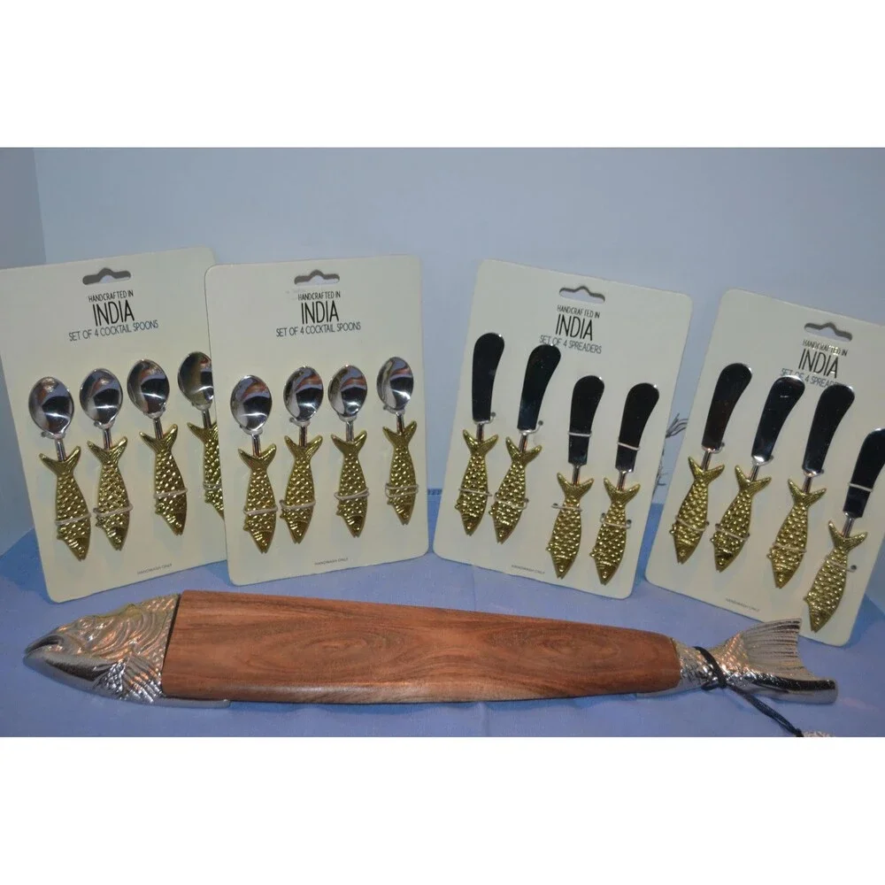 Metal Fish Spoons and Spreaders with Wood Fish Serving Board